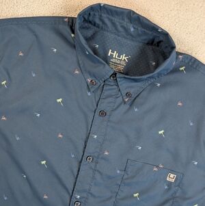HUK Performance Short Sleeve Blue Button Down Shirt FLY FISHING  Mens  XXL